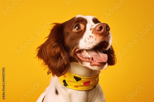 Close-up portrait photography of a smiling brittany dog wearing an anxiety wrap against a yellow background. With generative AI technology