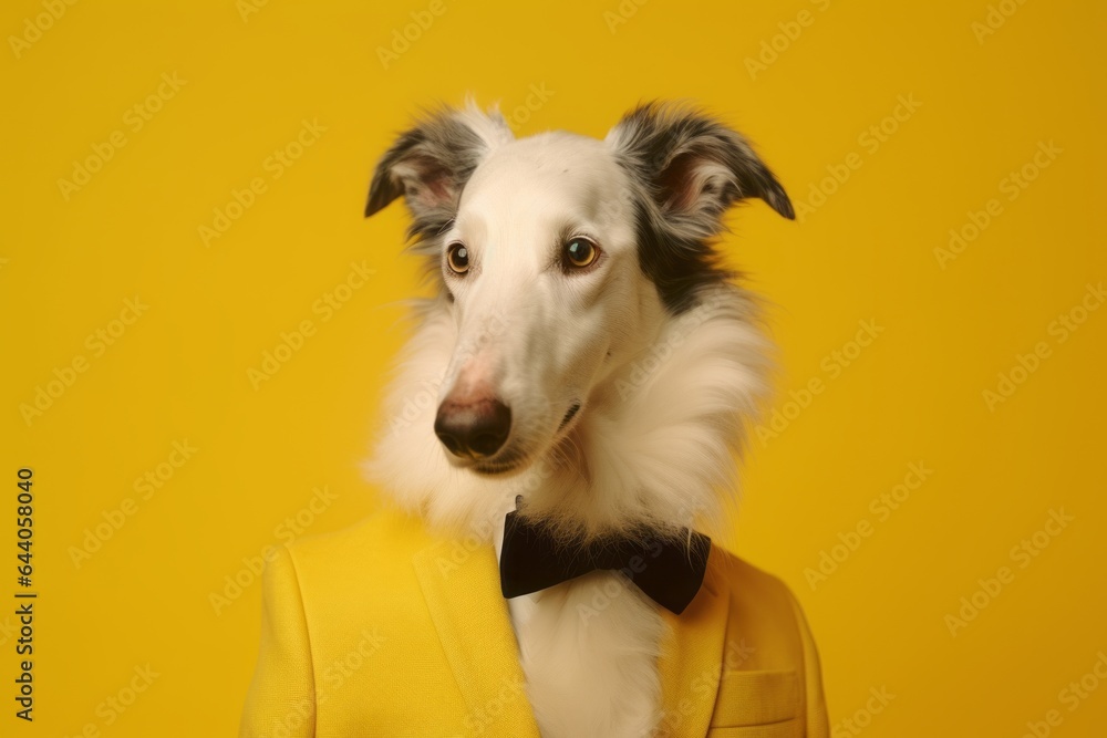 Lifestyle portrait photography of a happy borzoi wearing a dapper suit against a yellow background. With generative AI technology Lifestyle portrait photography of a happy borzoi wearing a dapper suit against a yellow background. With generative AI technology