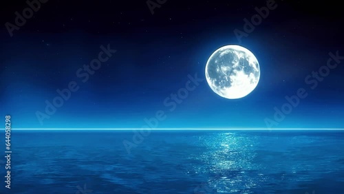 Calm sea water with shooting stars and full moon, 4k quality looping video