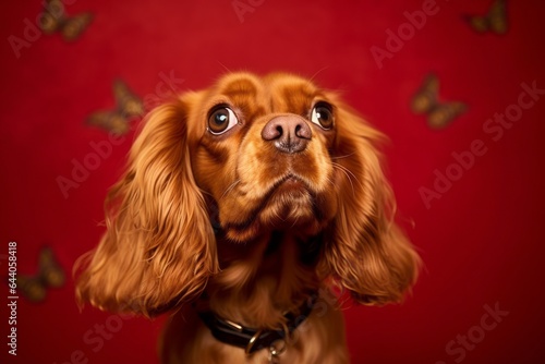 Close-up portrait photography of a cute cocker spaniel wearing a butterfly wings against a burgundy red background. With generative AI technology