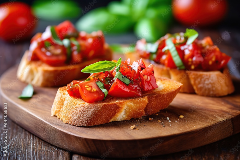 Illustration of tasty bruschetta with tomatoes and basil. Generative AI Illustration of tasty bruschetta with tomatoes and basil. Generative AI