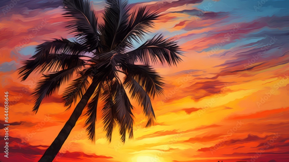 A painting of a sunset with a palm tree