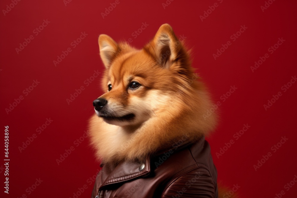Obraz premium Photography in the style of pensive portraiture of a funny finnish spitz wearing a leather jacket against a burgundy red background. With generative AI technology