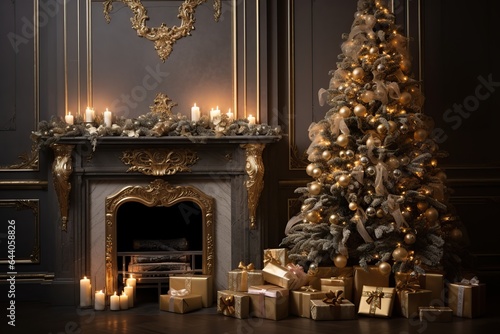 Living room interior with christmas fir tree and fireplace