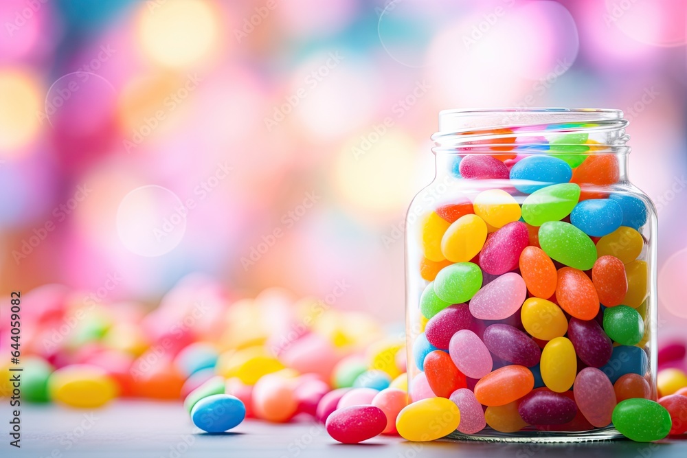 Jar filled with jelly beans under soft, diffused lighting, bokeh background for a dreamy effect . Generative AI Jar filled with jelly beans under soft, diffused lighting, bokeh background for a dreamy effect . Generative AI
