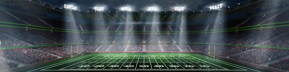 American football stadium, arena with spectators sport fans preparing to watch match. 3D render. Concept of outdoor sport, activity, football, championship, match, game space