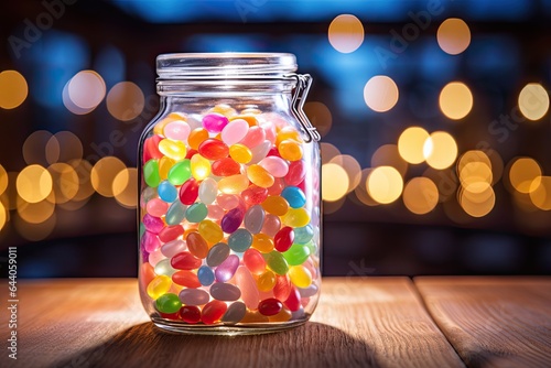 Jar filled with jelly beans under soft, diffused lighting, bokeh background for a dreamy effect . Generative AI photo