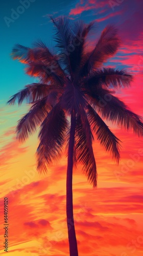 A palm tree is silhouetted against a colorful sunset © cac_tus