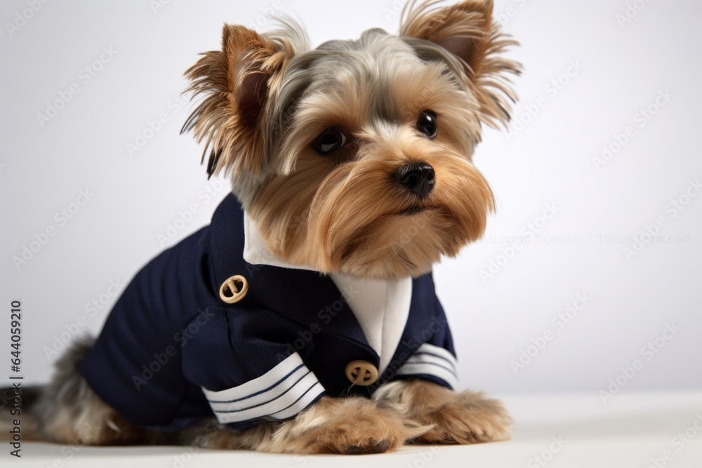 Lifestyle portrait photography of a cute yorkshire terrier wearing a sailor suit against a pearl white background. With generative AI technology