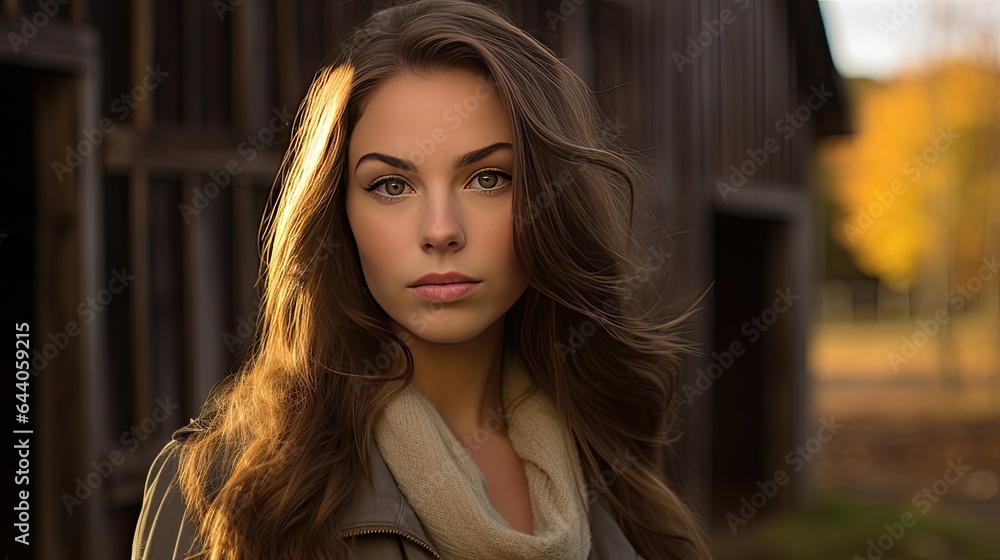 Model capturing a wistful look, set against a rustic barn backdrop with autumn leaves Model capturing a wistful look, set against a rustic barn backdrop with autumn leaves