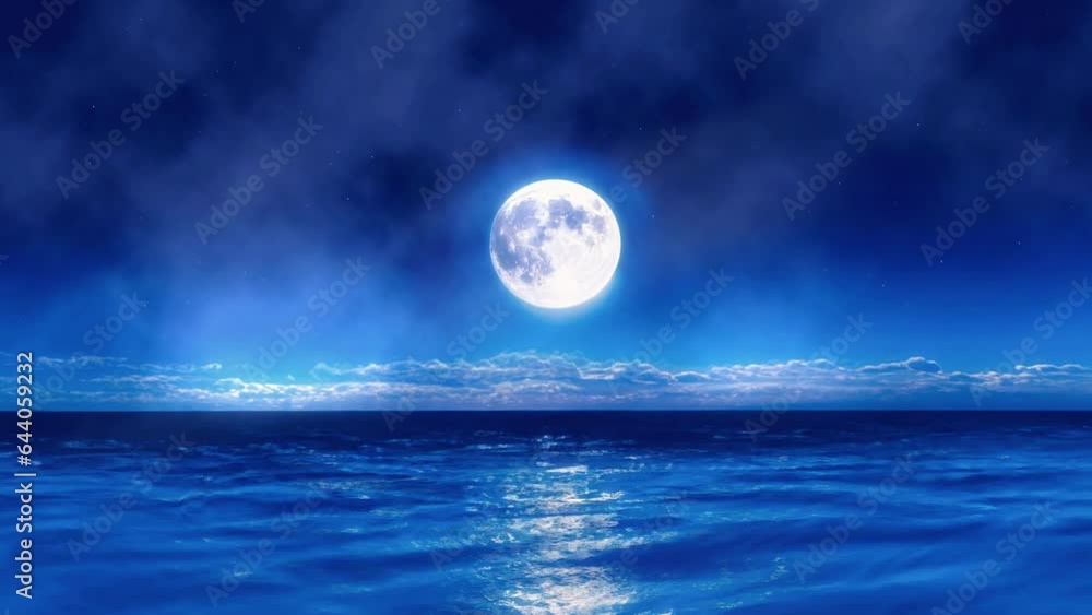 Full moon night atmosphere over the ocean with blue water, 4k quality looping video Full moon night atmosphere over the ocean with blue water, 4k quality looping video