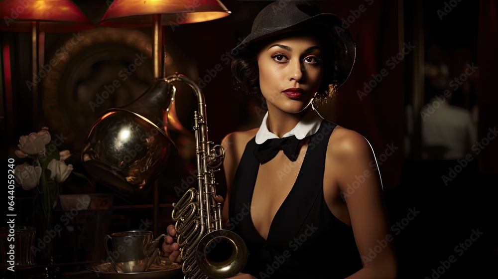 Fototapeta premium Model capturing the essence of the jazz age, set in a club with brass instruments