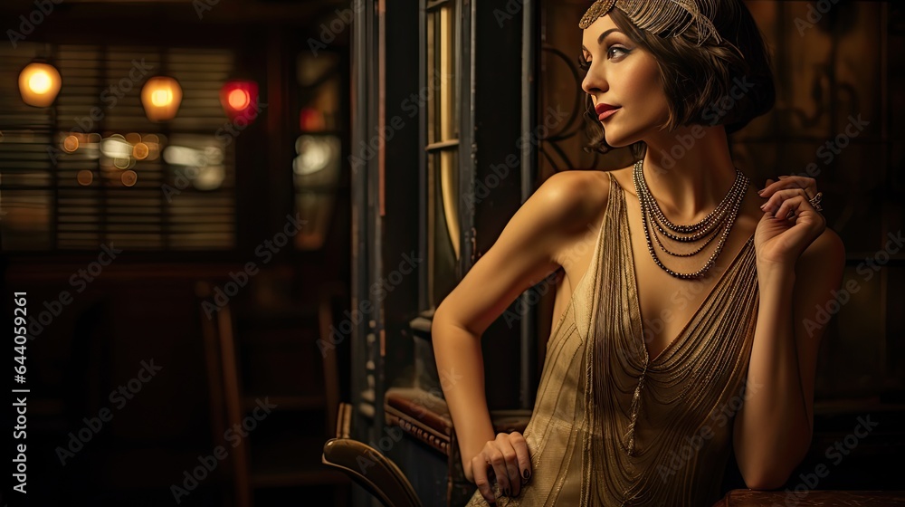 Obraz premium Model donning a 1920s flapper dress, set in an old speakeasy with jazz playing faintly