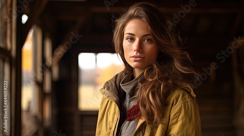 Model capturing a wistful look  set against a rustic barn backdrop with autumn leaves