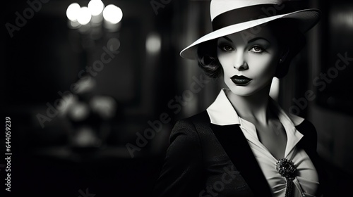 Model capturing the allure of the silent movie era, set in a black and white scene