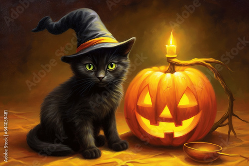 Black kitten wearing witch hat, halloween greeting card. Generative Ai © Alexandra