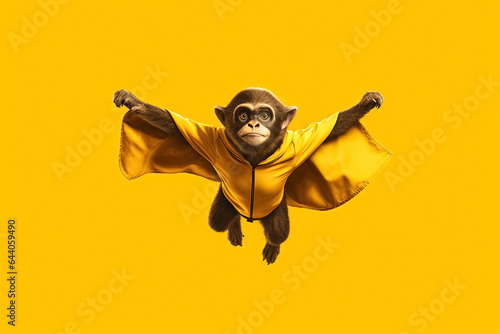 monkey in superhero cape over yellow background. Generative Ai