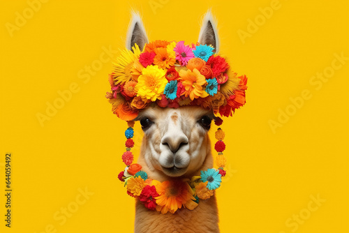 portrait of llama with flower crown over yellow background. Generative Ai