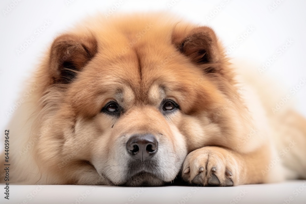 Photography in the style of pensive portraiture of a funny chow chow dog wearing a paw protector against a pearl white background. With generative AI technology