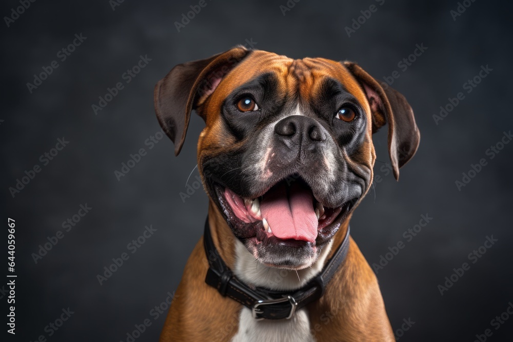 Close-up portrait photography of a smiling boxer dog wearing a bandage against a metallic silver background. With generative AI technology Close-up portrait photography of a smiling boxer dog wearing a bandage against a metallic silver background. With generative AI technology