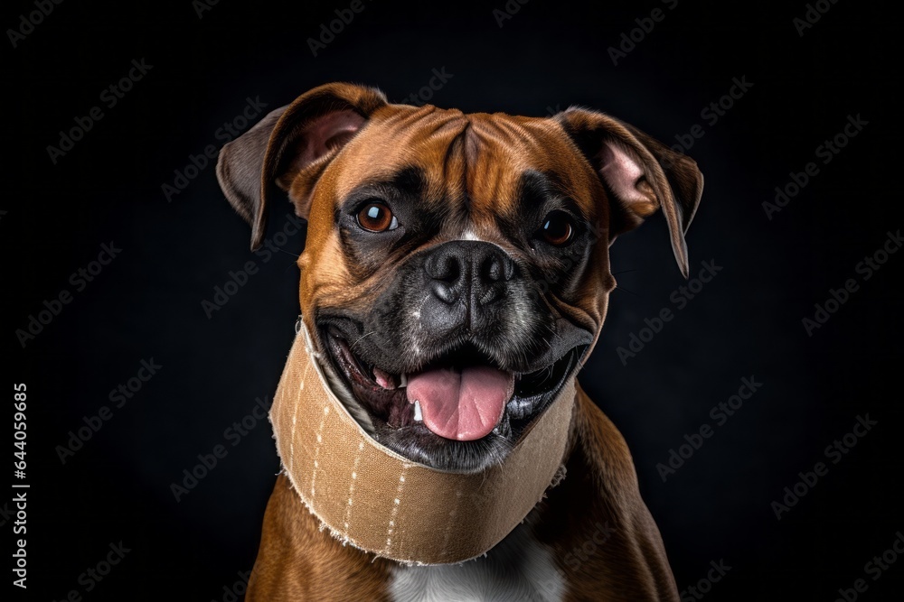 Close-up portrait photography of a smiling boxer dog wearing a bandage against a metallic silver background. With generative AI technology