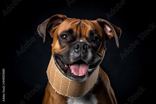 Close-up portrait photography of a smiling boxer dog wearing a bandage against a metallic silver background. With generative AI technology © Markus Schröder