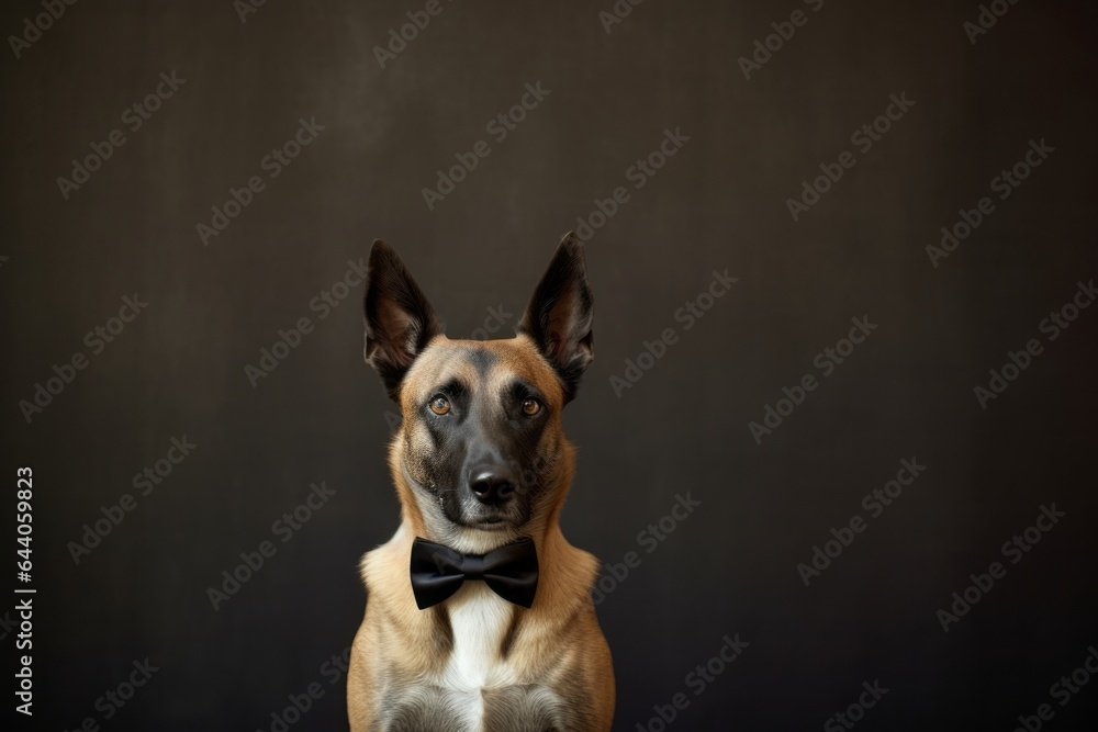 Medium shot portrait photography of a cute belgian malinois dog wearing a tuxedo against a metallic silver background. With generative AI technology Medium shot portrait photography of a cute belgian malinois dog wearing a tuxedo against a metallic silver background. With generative AI technology