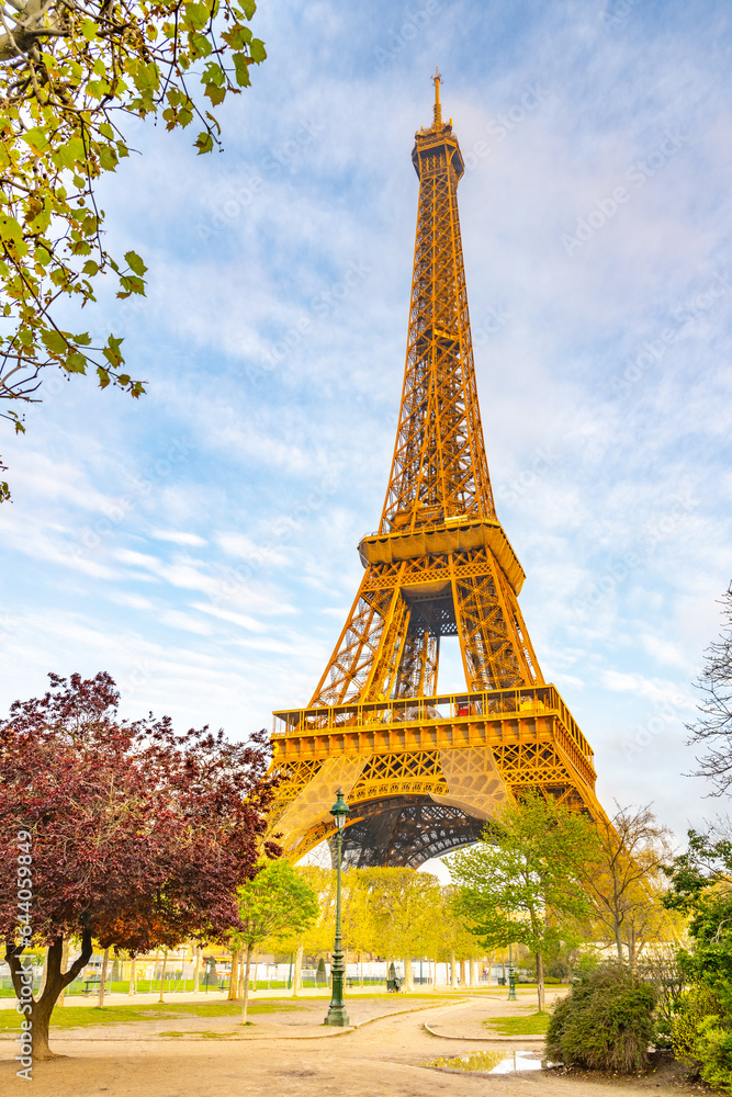Fototapeta premium Sunny morning in the park at Eiffel Tower, Paris, France