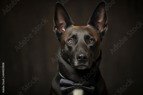 Medium shot portrait photography of a cute belgian malinois dog wearing a tuxedo against a metallic silver background. With generative AI technology