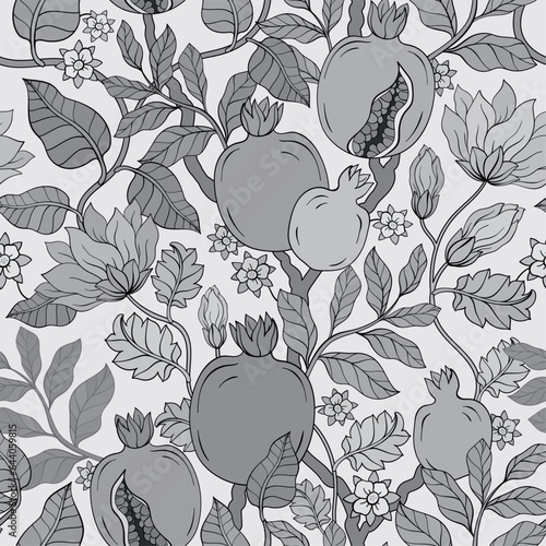 Monochrome Pomegranate Garnet and flowers pattern.