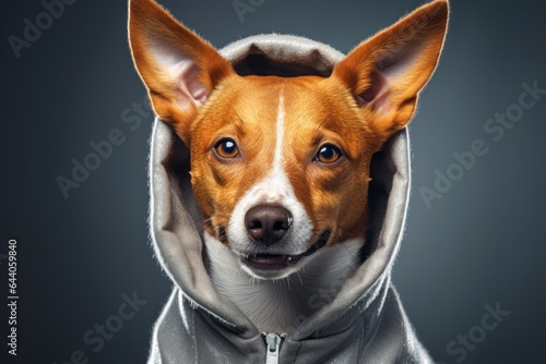 Lifestyle portrait photography of a smiling basenji dog wearing a fluffy hoodie against a metallic silver background. With generative AI technology © Markus Schröder