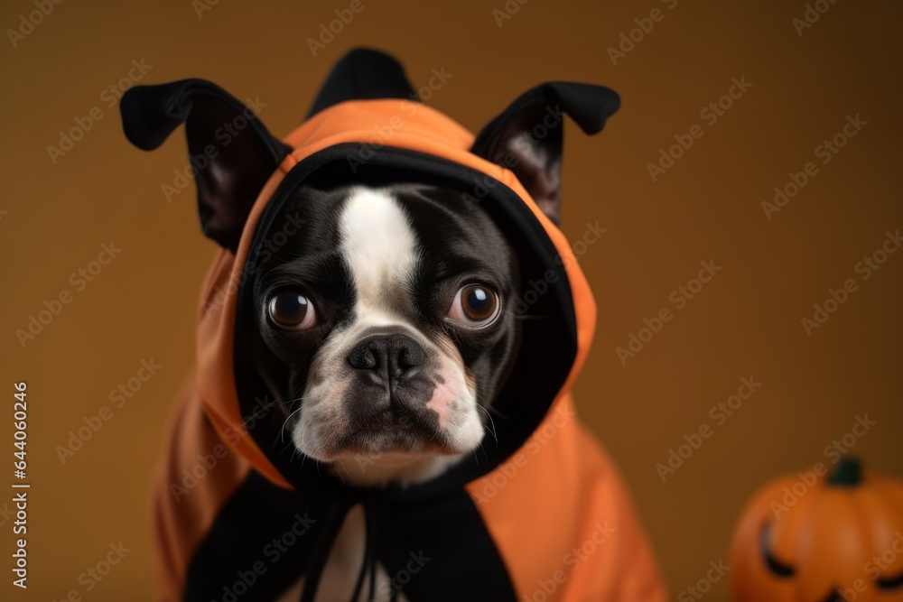 Medium shot portrait photography of a funny boston terrier wearing a halloween costume against a beige background. With generative AI technology
