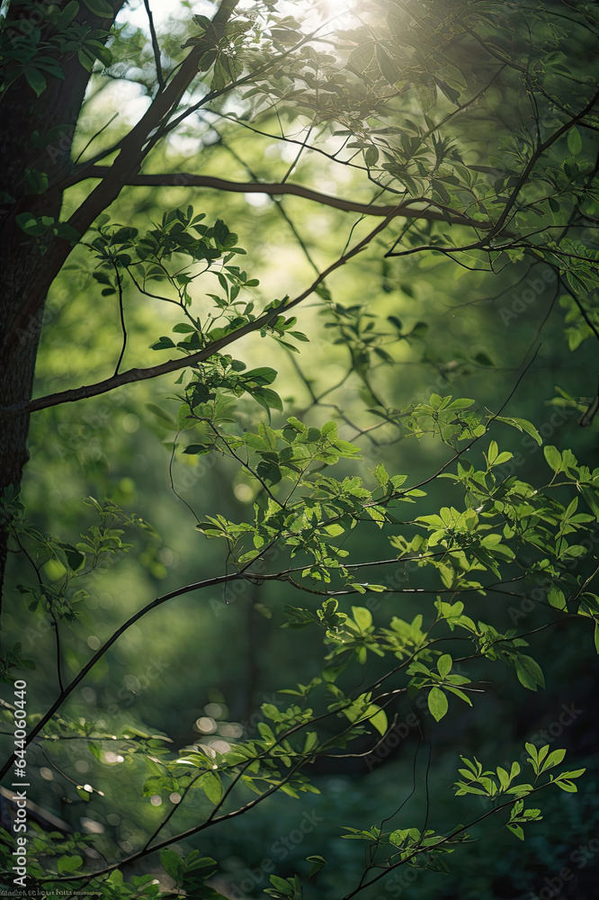Fototapeta premium Sunlight in a Lush Green Forest,sun rays in the forest,sun rays through the forest