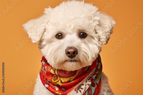 Studio portrait photography of a cute bichon frise wearing a bandana against a beige background. With generative AI technology photo