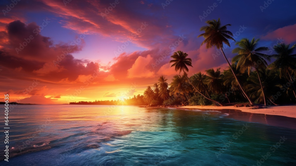 A beautiful sunset over a tropical beach with palm trees