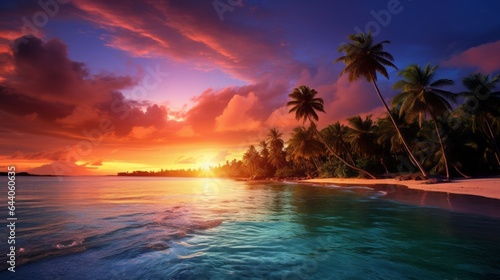 A beautiful sunset over a tropical beach with palm trees