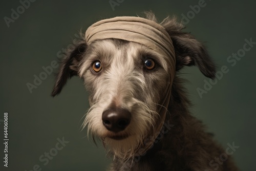 Lifestyle portrait photography of a funny scottish deerhound wearing a bandage against a beige background. With generative AI technology