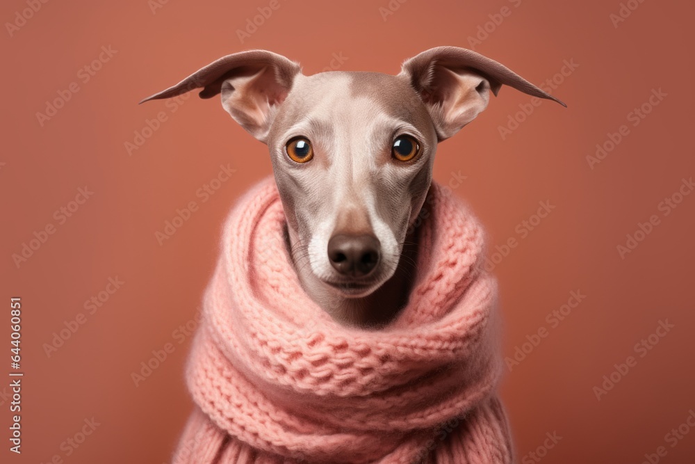 Group portrait photography of a funny italian greyhound dog wearing a warm scarf against a warm taupe background. With generative AI technology