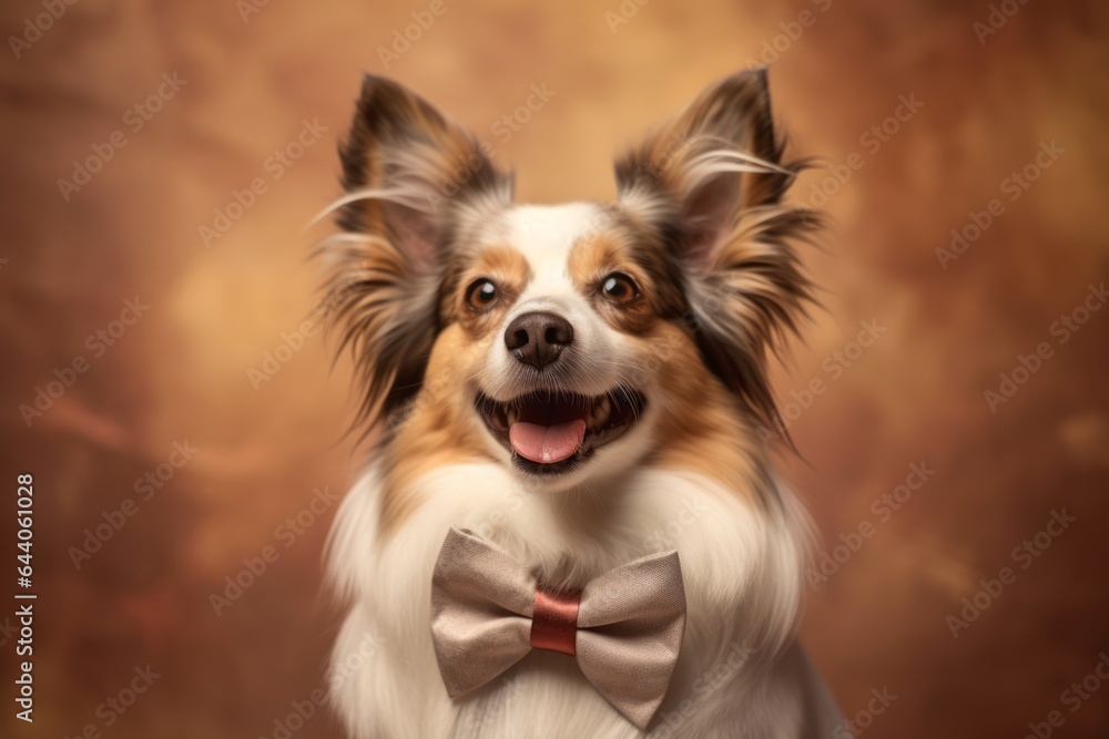 Lifestyle portrait photography of a happy papillon dog wearing a dapper suit against a warm taupe background. With generative AI technology Lifestyle portrait photography of a happy papillon dog wearing a dapper suit against a warm taupe background. With generative AI technology