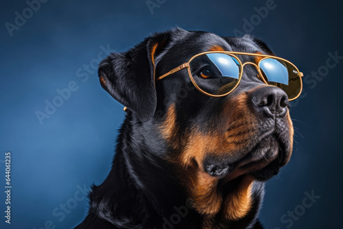 Lifestyle portrait photography of a funny rottweiler wearing a trendy sunglasses against a cool gray background. With generative AI technology