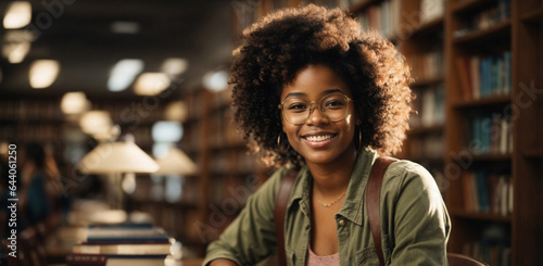 Bellissima ragazza di origini africane con capelli ricci e occhiali studia in biblioteca photo