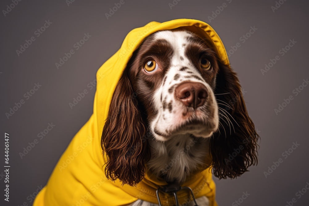 Photography in the style of pensive portraiture of a bored english springer spaniel wearing a bee costume against a cool gray background. With generative AI technology