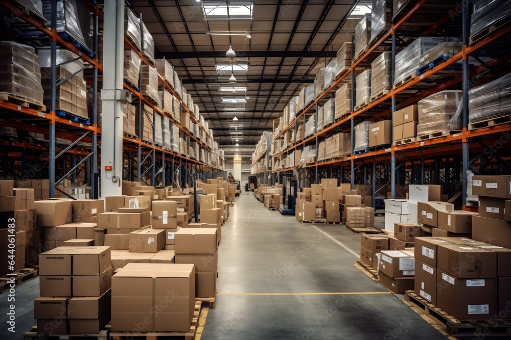 Large warehouse with shelves and boxes. Large warehouse with shelves and boxes.