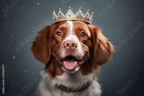 Lifestyle portrait photography of a smiling brittany dog wearing a princess crown against a cool gray background. With generative AI technology