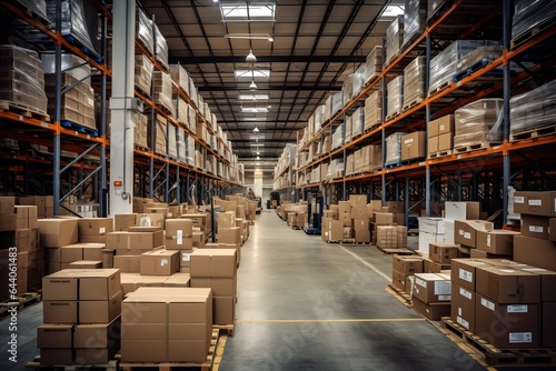 Large warehouse with shelves and boxes. © Pacharee