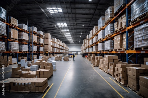 Large warehouse with shelves and boxes.