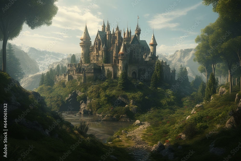 A castle in a fantasy landscape, enveloped by lush foliage, showcased with a matte painting. Generative AI