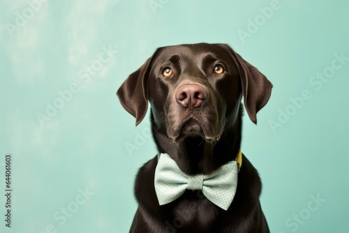 Medium shot portrait photography of a funny labrador retriever wearing a cute bow tie against a tropical teal background. With generative AI technology © Markus Schröder