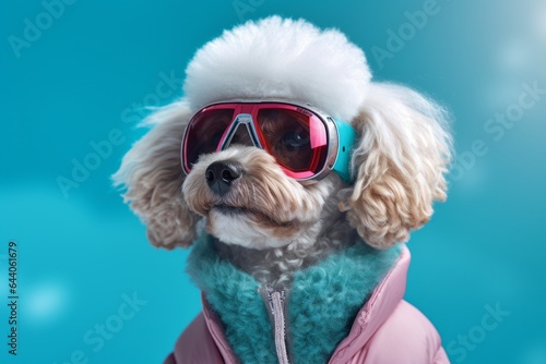 Close-up portrait photography of a cute poodle wearing a ski suit against a tropical teal background. With generative AI technology © Markus Schröder