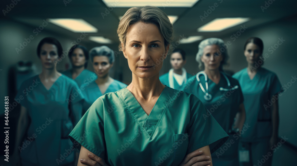 Portrait of a old doctor standing with her team in hospital Portrait of a old doctor standing with her team in hospital